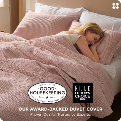 Bedsure PureWoven 3 Pieces 100% Cotton Waffle Duvet Cover Set, King, Pink