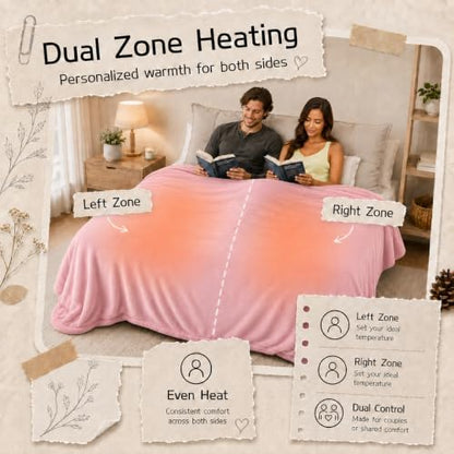 ReyyNio Electric Heated Blanket Queen Size 84"x90", Dual Controllers, Pink