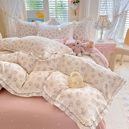 LifeTB Vintage Floral Duvet Cover Set Queen, Aesthetic Pink Flower Bedding Set with Romantic Ruffle, 100% Cotton Botanical Cottagecore Duvet Cover, Princess Lace Comforter Cover with 2 Pillowcases