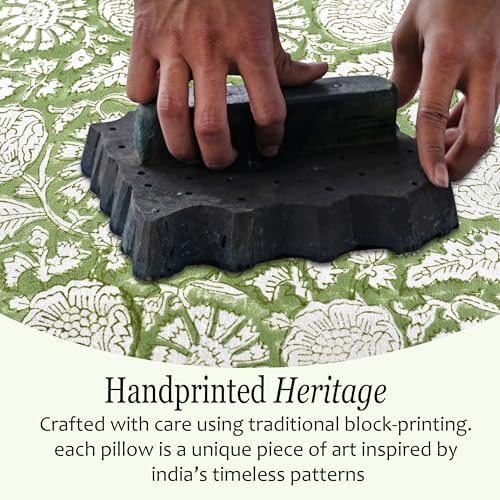 CPC Block Print Olive Bloom Ruffle Cotton Lumbar Pillow Cover 14x36 inch