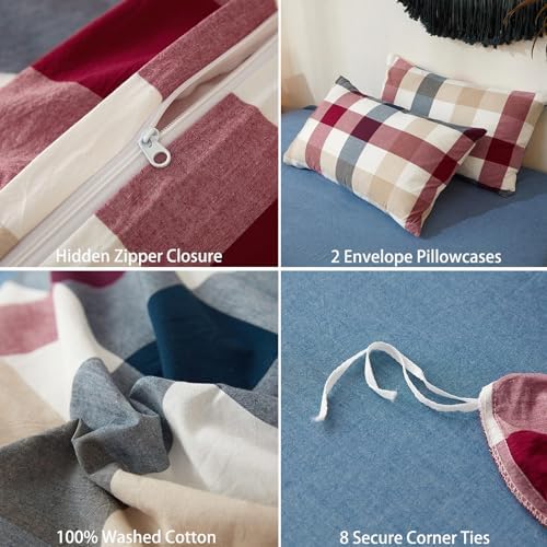 Buffalo Plaid Duvet Cover Set 3 Piece 100% Washed Cotton Linen Feel Farmhouse Bedding Comfy Breathable (Red Blue Buffalo Plaid, King)