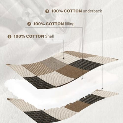 Quilta 100% Cotton Quilt Set, Farmhouse Brown Plaid Bedspread Queen Size