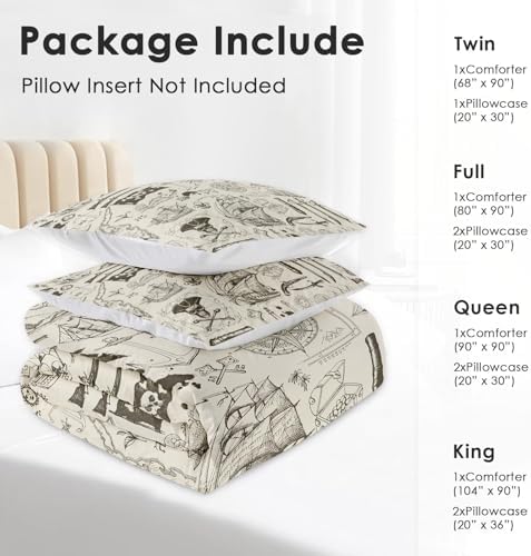 Pamnest Comforter Set Full Size, Pirate Vintage Skull Soft 3 Pcs Bedding for Kids and Adults, Nautical Sea Retro Comforter Set with 2 Pillowcases, for Bedroom Bed Decor