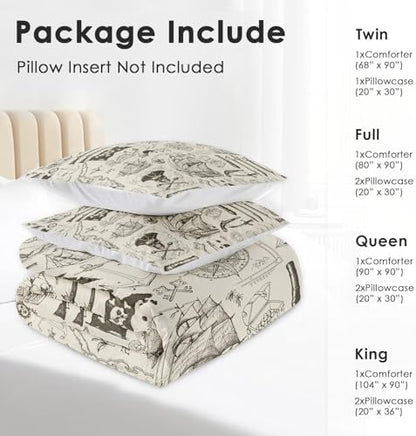 Pamnest Comforter Set Full Size, Pirate Vintage Skull Soft 3 Pcs Bedding for Kids and Adults, Nautical Sea Retro Comforter Set with 2 Pillowcases, for Bedroom Bed Decor