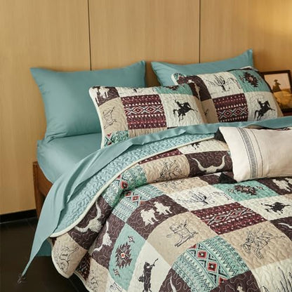 Wake In Cloud - Western Quilt Set, Southwestern Aztec Country Horse Cowboy Rustic Ranch Pattern Printed, Reversible Lightweight Bedspread Coverlet, 3 Pieces, Turquoise Taupe, Twin/Twin XL Size