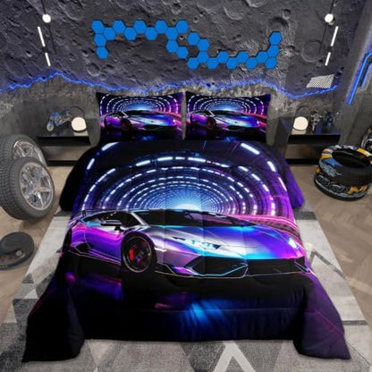 Feelyou Boys Race Car Comforter Set All Season Sports Racing Car Bedding Set with 2 Pillow Cases Purple Racing Extreme Sports Kids King Bedclothes Bedroom Decor Duvet Quilt Breathable Soft Lightweight