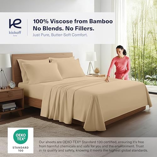 Kickoff Viscose Bamboo Sheets Split King Size 5-pc 100% Organic Bamboo Viscose Bed Cooling Sheets Split King Size Set Cool Bedding for hot Sleepers Sheet Set - Gift Ready Packaging (Beige, SK)