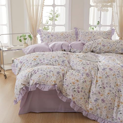 mixinni Floral Duvet Cover Set Twin XL Size, 100% Cotton 3-Piece Bedding Set with Ruffled Lace, Reversible Lavender Wildflower Ruffle Design, Soft Aesthetic Cottagecore Duvet Cover with Zipper Closure