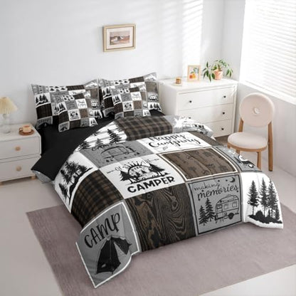 Erosebridal Happy Camping Queen Comforter Set 7 Piece,Rv Camper Bed in A Bag for Boys Adults Men,Camper Decor Bedding for Travel Trailers Bunk,Rustic Farmhouse Buffalo Plaid Bed Set Brown Grey