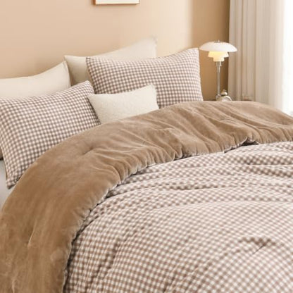 Litanika Velvet Flannel Gingham Comforter Set King, 3 Pcs Tan Bedding
