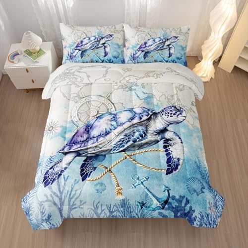 Nttopship Sea Turtle Comforter Bedding Set with 2 Pillowcase Full Size Ocean Comforter Set for Kids Boys Girls Bedroom Decor