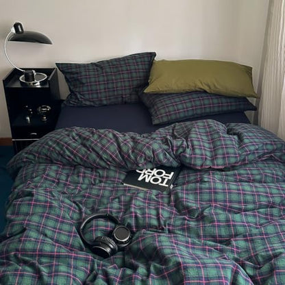mixinni Vintage Forest Green Buffalo Plaid Duvet Cover Set King Size - 3 Piece Mid-Century Washed Cotton Grid Bedding, Retro Breathable Comforter Cover with 2 Matching Pillowcases for All Season