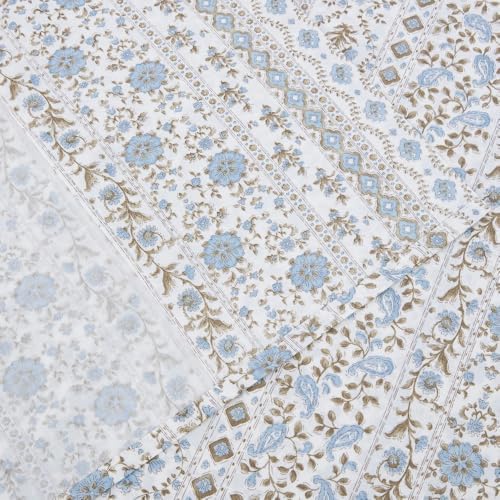 DAUAOTO Queen Size Printed Sheets Set, 100% Cotton Bedding Sets, Up to 14" Deep Mattress, Vintage Cottagecore Pattern Bedlinen Set, Flower Blue