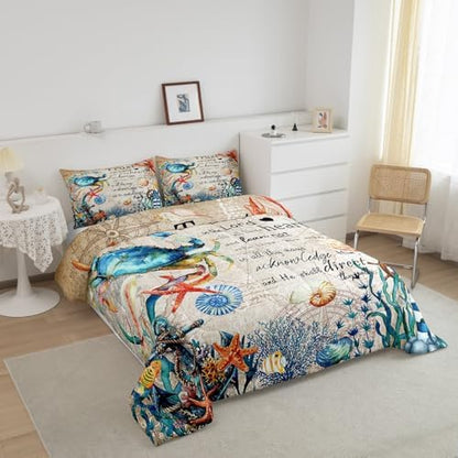 Homewish Crab Coral Starfish Comforter Set King Size,Nautical Anchor Bedding Set 3Pcs for Kids Girls Boys Teens Room Decor,Ocean Animals Quilt Set Vintage Bible Quotes Duvet Insert,2 Pillowcases