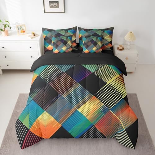 Erosebridal Luxury Diamond Geometric Bed in A Bag with Sheets Full Colorful Checkered 7 Piece Comforter Set Modern Abstract Stripes Bedding Set,Watercolor Patchwork Bedding Comforter Sets