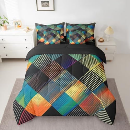 Erosebridal Luxury Diamond Geometric Bed in A Bag with Sheets Full Colorful Checkered 7 Piece Comforter Set Modern Abstract Stripes Bedding Set,Watercolor Patchwork Bedding Comforter Sets