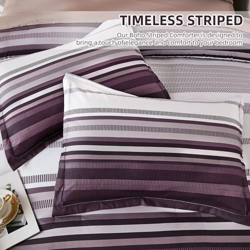 Dobuyly Purple Comforter Set King Size 7 Piece, Boho Striped Bed in a Bag King Soft Microfiber Bedding Sets with Comforter, Sheets, Pillowcases & Shams All Season