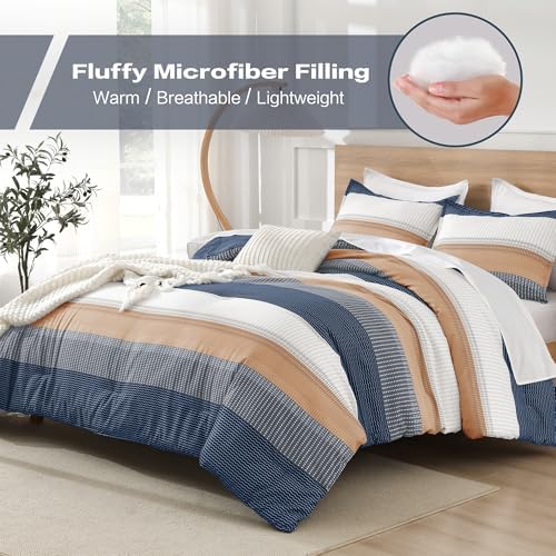 Litanika Blue Orange King Size Comforter Set - 3 Pieces Stripe Bed Set
