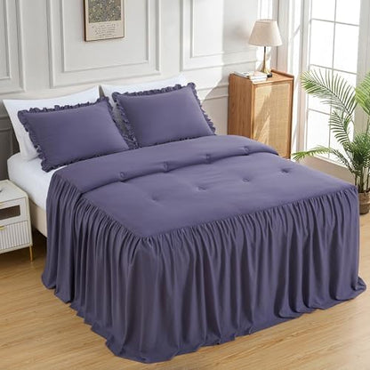 Chezmoi Collection Sinclair 3-Piece Ruffle Skirt Bedspread Set - Soft Lightweight Crinkle Texture Microfiber Bedding - French Country Chic Farmhouse - California King, Dusty Purple