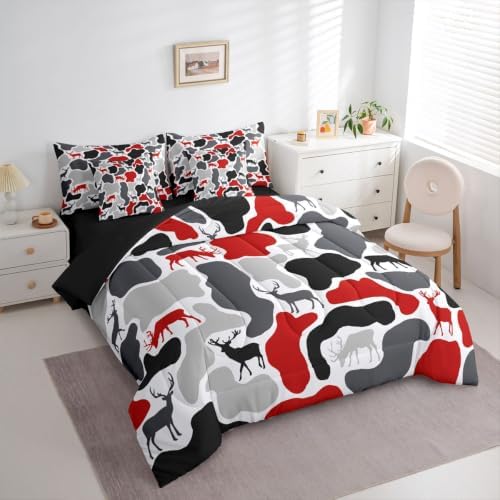 Erosebridal Deer Camouflage Full Comforter Set with Sheets 7 Piece Hunting Elk Camo Bed in A Bag Red Grey Black Military Bedding Sets for Kids Boys Girls Rustic Cabin Lodge Bed Set
