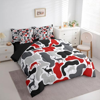 Erosebridal Deer Camouflage Full Comforter Set with Sheets 7 Piece Hunting Elk Camo Bed in A Bag Red Grey Black Military Bedding Sets for Kids Boys Girls Rustic Cabin Lodge Bed Set