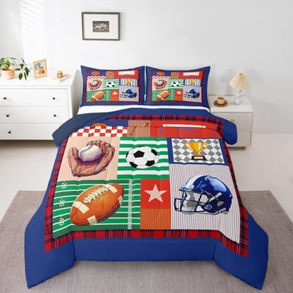 Football Basketball Baseball Comforter Set Twin Size Sports Ball Bedding Set Kids Boys Teens Geometric Patchwork Grid All Season Quilt Set Rugby Helmet Bedding Comforter Sets with 1 Pillowcase
