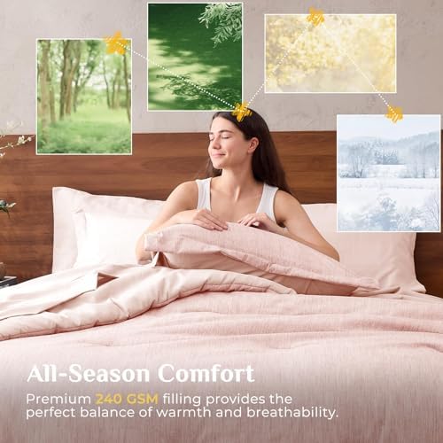 JOLLYVOGUE Pink King Comforter Set, Cationic Dyeing Bed in a Bag King 7 Pieces, Double-Tone Bedding Set with Down Alternative Comforter, Sheets, Pillowcases & Shams
