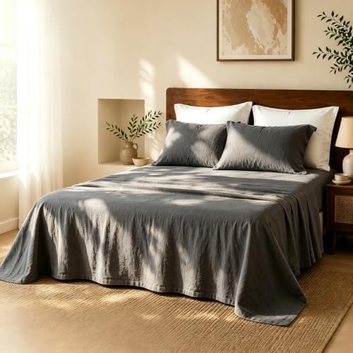 MEISHANG 100% French Linen Sheets Queen,4 Pcs,18-24" Extra Deep Pocket