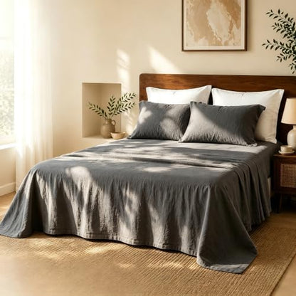 MEISHANG 100% French Linen Sheets Queen,4 Pcs,18-24" Extra Deep Pocket