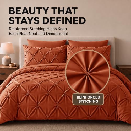 HIMEET Queen Comforter Set Burnt Orange - 7 Pieces Pintuck Bed in a Bag