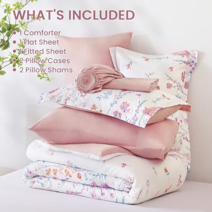 Yiran Pink Floral Comforter Set Full Size, 7 Piece Cute Comforters Bed in a Bag Blush Flower, Soft Coquette Cottagecore Aesthetic Botanical Bedding Set with Sheets for Women Teen Girls