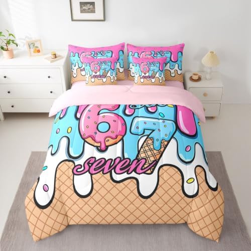 Erosebridal Six Seven Girls Full Comforter Set 7 Piece Funny Fashion Number 67 Bedding Set for Kids Teen Women,Pink Blue Ice Cream Drip Bed in A Bag Girly Trendy Bed Sets for Birthday Gifts