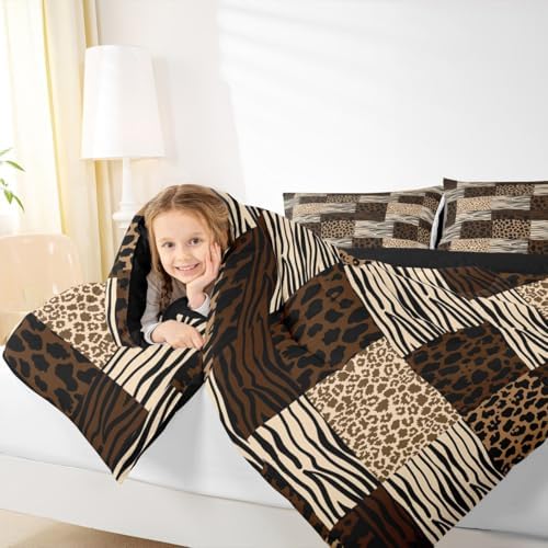 Manfei Black Leopard Comforter Set Full Size,Cheetah Zebra Wildlife Animal Abstract Skin Bedding Set,Girls Boys Room Decor,Geometric Plaids Stripe Dot Quilt Comforter,Brown Duvet Insert,2 Pillowcases