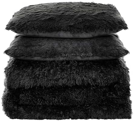 Queen Luxury Faux Fur Comforter Set - Soft & Breathable 7-Piece Bedding Collection - 1 Comforter, 1 Fitted Sheet, 1 Flat, 2 Pillowcases, 2 Pillow Shams - Deep Pocket - Premium Quality, Black