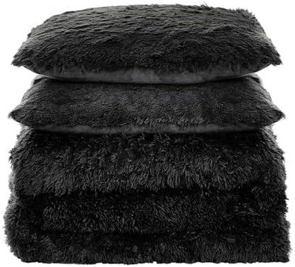 Queen Luxury Faux Fur Comforter Set - Soft & Breathable 7-Piece Bedding Collection - 1 Comforter, 1 Fitted Sheet, 1 Flat, 2 Pillowcases, 2 Pillow Shams - Deep Pocket - Premium Quality, Black