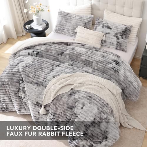 Smoofy Fluffy Queen Size Comforter 3 PCS - Tie Dye Grey Fleece Bedding Set
