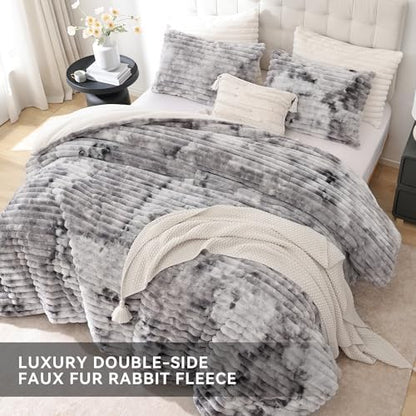 Smoofy Fluffy King Size Comforter 3 PCS - Tie Dye Grey Fleece Bedding Set