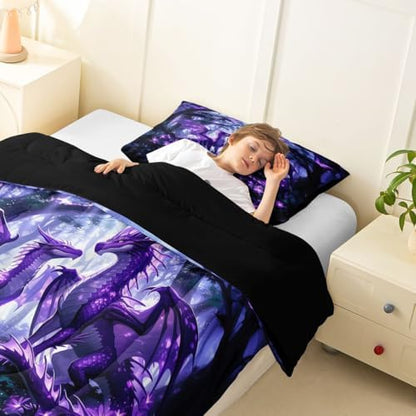 Feelyou Dragon Bedding Set Soft for Boys Girls, Magical Beast Comforter Set King Size Jungle Duvet Quilt Microfiber Wild Animal Bedroom Decor Fantasy Animal 3 Pcs with 2 Pillow Cases