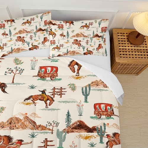 Brown Western Cowboy Comforter Set Queen Size for Boys, Vintage Shabby Chic Bedding, Cozy Boho Country Style Bedding for Teen Boys, Rustic Western Themed Bedroom Decor