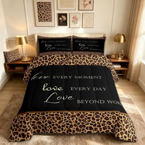 Castle Fairy Brown Leopard Print Comforter Set,Cheetah Skin Pattern Bedding Set All Season Down Comforter, Tropical African Wild Animal Fur Black Microfiber Polyester Quilt Set, King Size