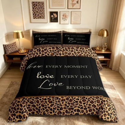 Castle Fairy Leopard Print Comforter Set Twin Size,African Wild Animal Fur Pattern Bedding Set for Kids Boys Men,Cheetah Skin Brown Black Quilted Duvet Set with 1 Pillowcase
