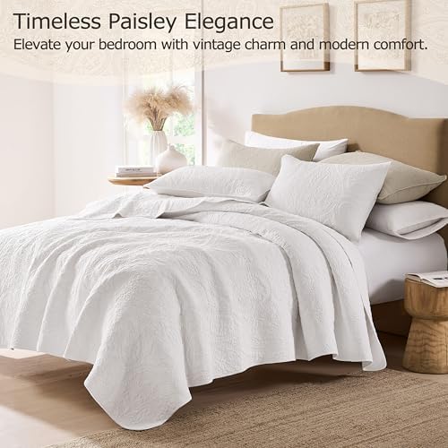 palassio White Paisley 100% Cotton Quilt Queen Size Bedding Sets with 2 Pillow Shams, Boho Floral Lightweight Farmhouse Country Vintage Soft Bedspread Shabby Chic Coverlet for All Season, 3 Pieces
