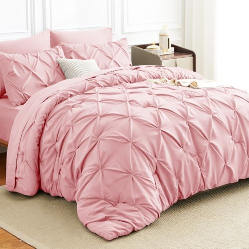 HIMEET King Size Comforter Set Pink - 7 Pieces Pintuck Bed in a Bag