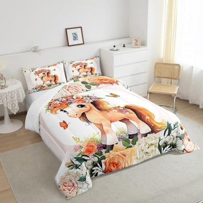 Feelyou Cute Horse Comforter Set King Size Kids Cartoon Animal Comforter for Boys Girls Teens Flower Floral Print Bedding Set Farm Zoo Garden Theme Duvet Set Room Decor Quilt Set