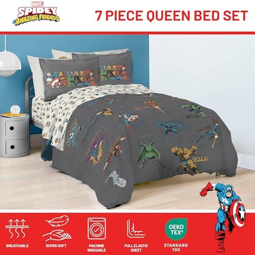 Marvel Comics Avengers Queen Comforter Set 7 Piece Soft Bedding, Gray