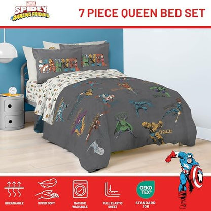 Marvel Comics Avengers Queen Comforter Set 7 Piece Soft Bedding, Gray