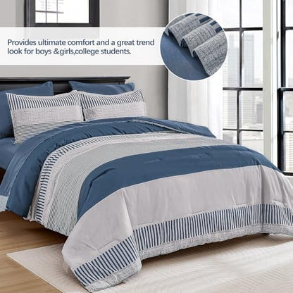 Cottolester Queen Comforter Set,Mineral Blue Striped Design Comforter Set