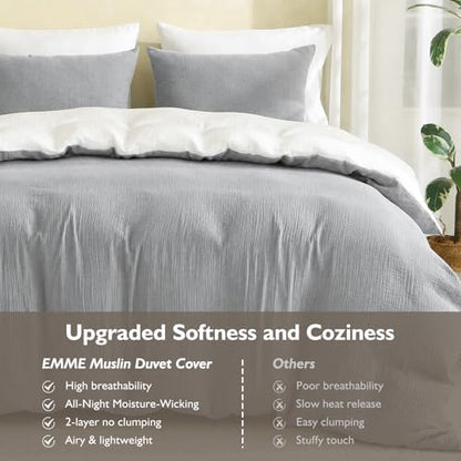 EMME Muslin Cotton Duvet Cover Set Linen Like Light Grey&White Twin
