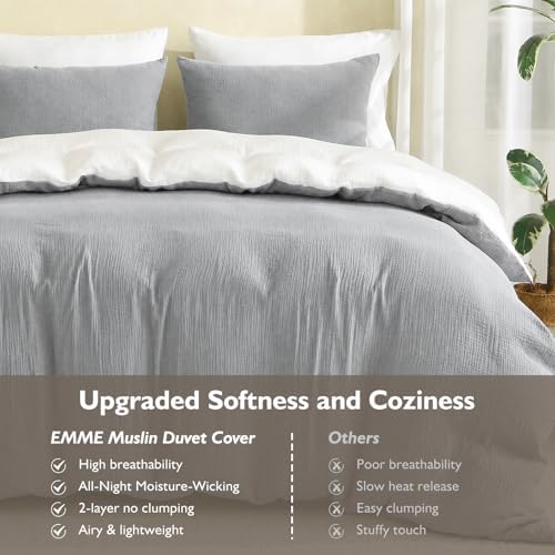 EMME Muslin Cotton Duvet Cover Set Linen Like Light Grey&White Queen