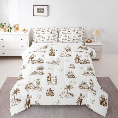 Coastal Pirate Ship Comforter Set King Size,Beach Tripical Palm Tree Bedding Sets 3Pcs Teens Adult Men Room Decor,Sailing Boat Seagull Quilted Duvet Retro Sketch Brown Down Comforter,2 Pillowcases
